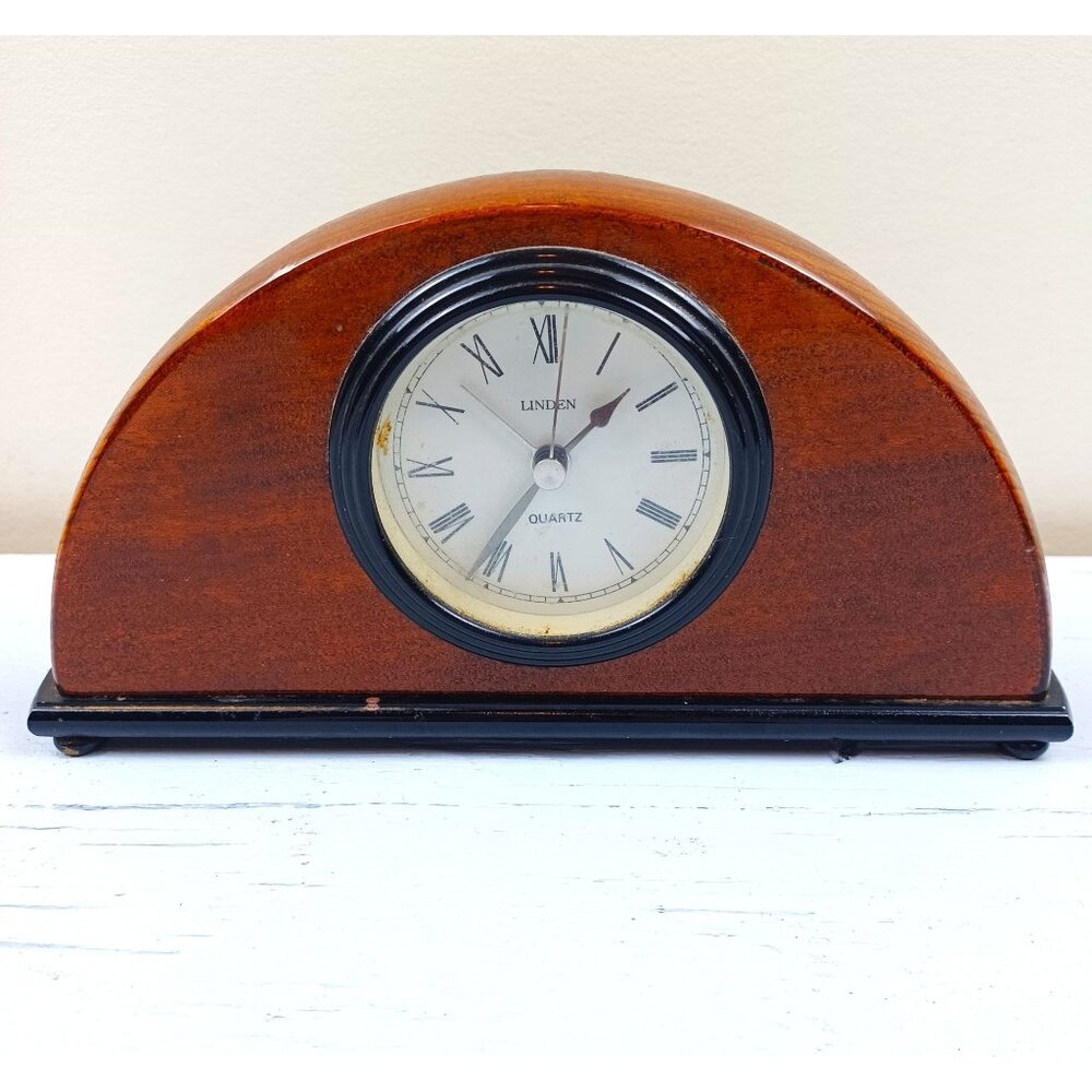 Vintage Linden Quartz Mantel Clock With Half-Moon Wood Design & Roman Numerals